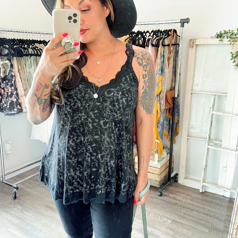 BLACK Flowy Vintage Wash Lace Tank Tops - Picture 3 of 6